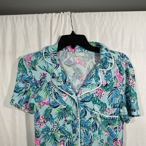 NEW Lilly Pulitzer [ XXS ] PJ Knit Button-Up Top Blue Barking Up‎ Palm Tree - Picture 4 of 14